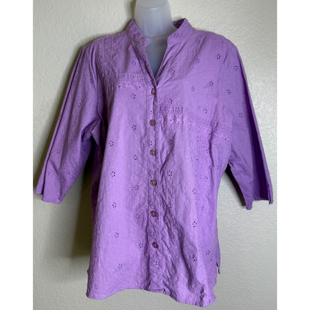 Denim & Co Womens 2X Blouse Purple‎ Eyelet Embroidery 3/4 Sleeve Cotton Top Boho